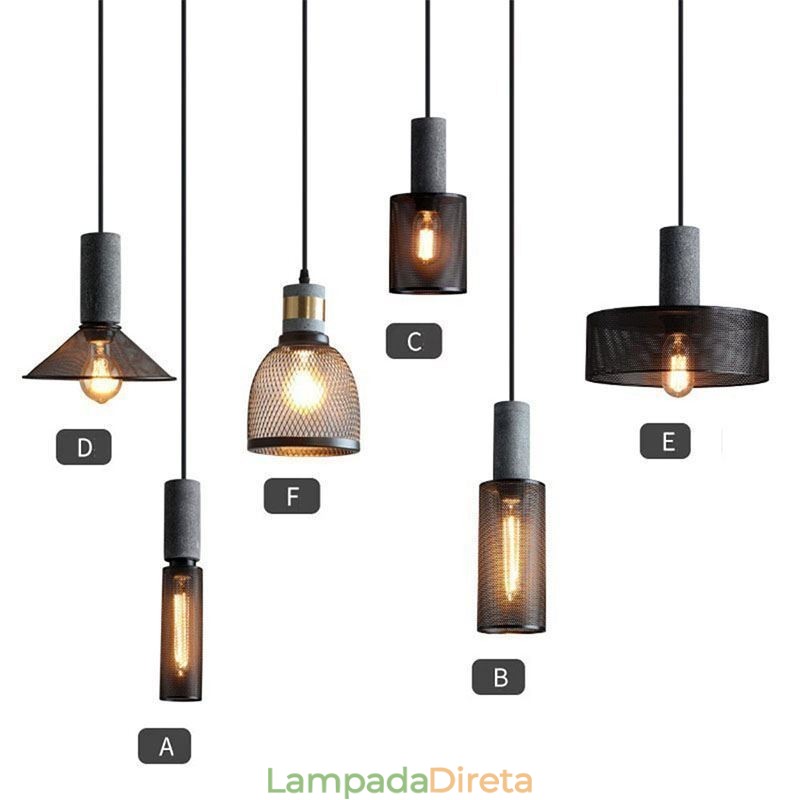 Luminária pendente preta em grade de cimento, luminária de teto retrô country