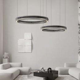 Luminária pendente 60+80cm de vidro de círculo duplo, luz de teto regulável com controle remoto