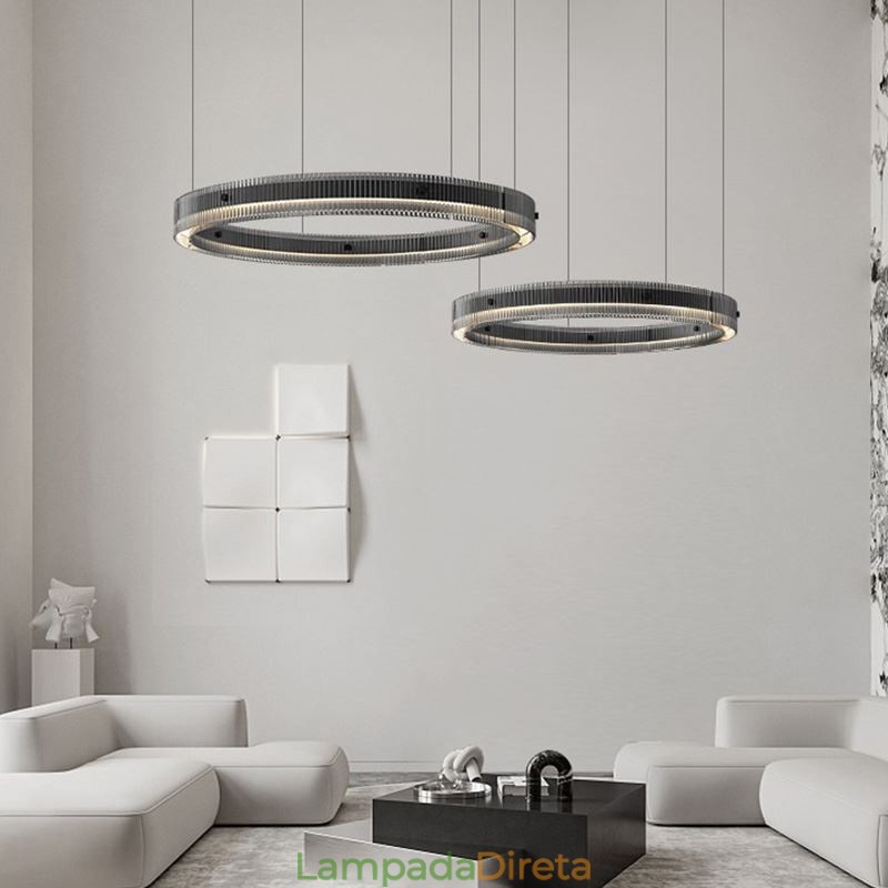 Luminária pendente 60+80cm de vidro de círculo duplo, luz de teto regulável com controle remoto