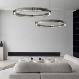 Luminária pendente 60+80cm de vidro de círculo duplo, luz de teto regulável com controle remoto