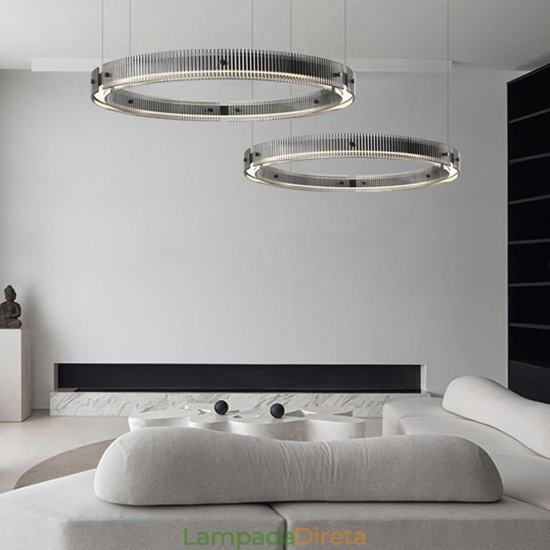 Luminária pendente 60+80cm de vidro de círculo duplo, luz de teto regulável com controle remoto