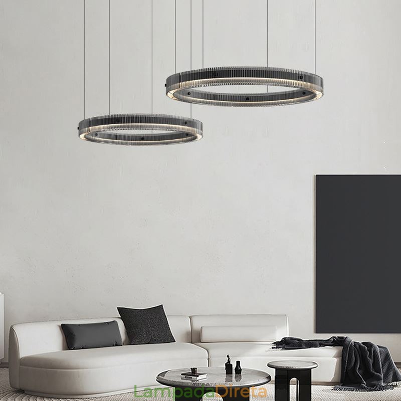 Luminária pendente 60+80cm de vidro de círculo duplo, luz de teto regulável com controle remoto