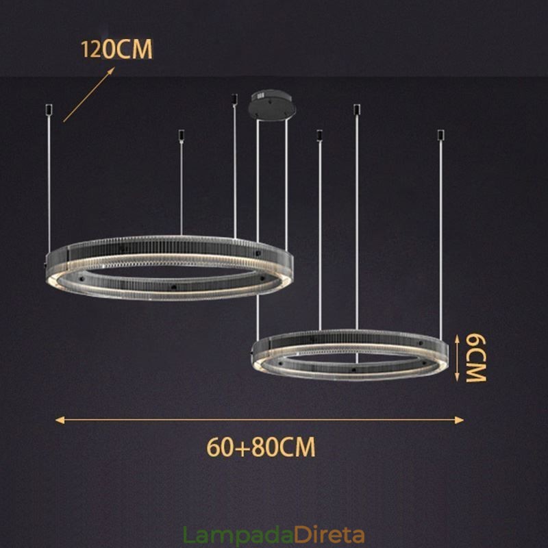 Luminária pendente 60+80cm de vidro de círculo duplo, luz de teto regulável com controle remoto
