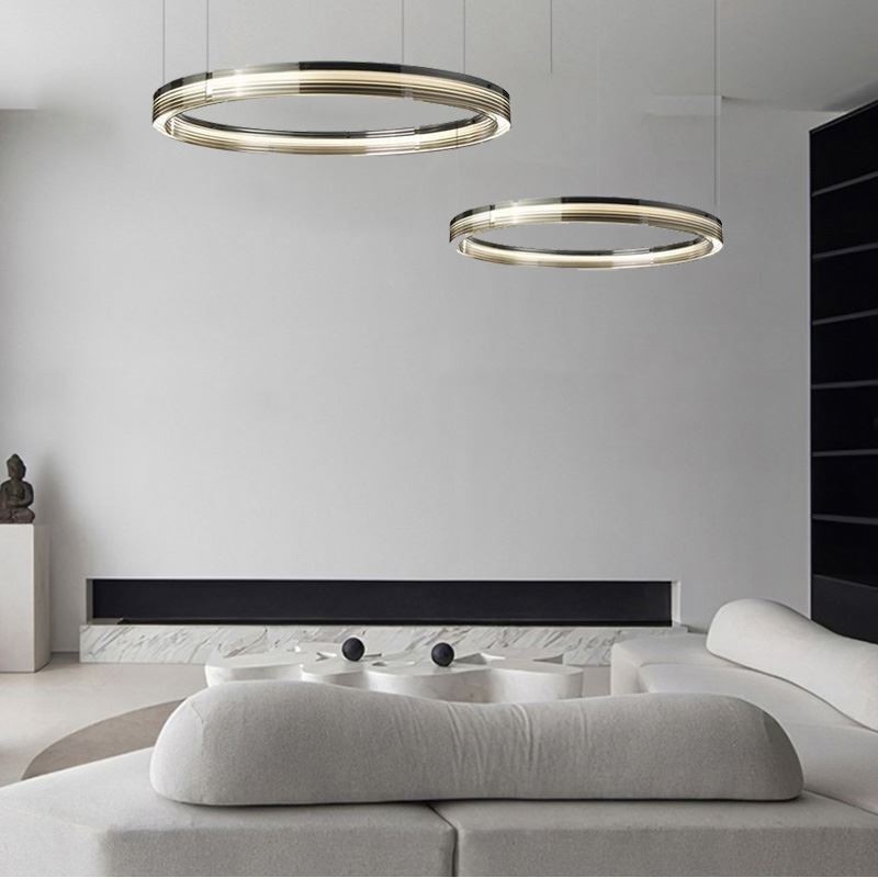 Luminária de teto de vidro 60+80cm Círculo Decoração Círculo Duplo Pendente Luz Tricromática Escurecimento