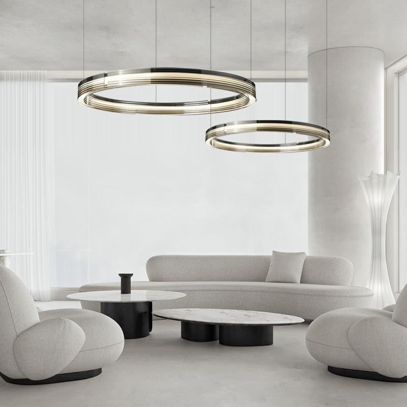 Luminária de teto de vidro 60+80cm Círculo Decoração Círculo Duplo Pendente Luz Tricromática Escurecimento