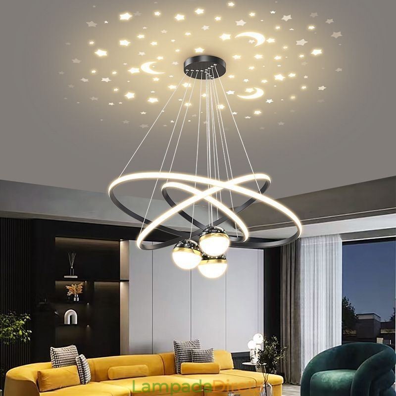 Luminária pendente simples de ferro forjado, silicone, três círculos, anel, teto, luz