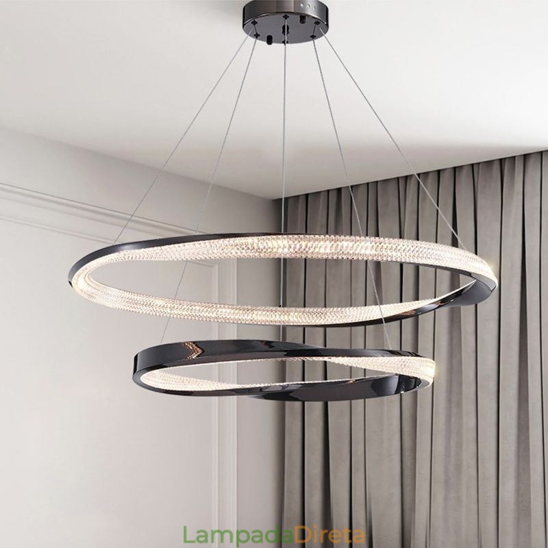 Luminária pendente de ferro forjado, anel de acrílico, luz de teto de círculo duplo