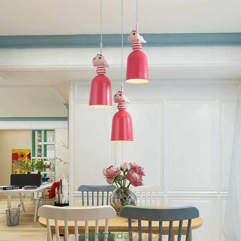 Luminária pendente moderna em ferro forjado, luminária de teto em resina rosa Piggy