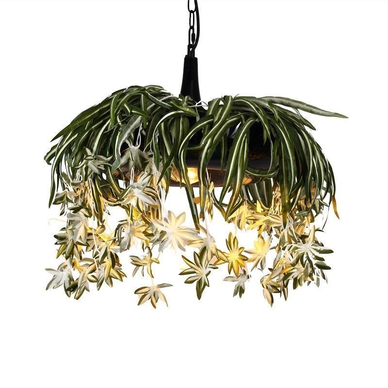Luminária pendente estilo industrial, lustre decorado com plantas artificiais