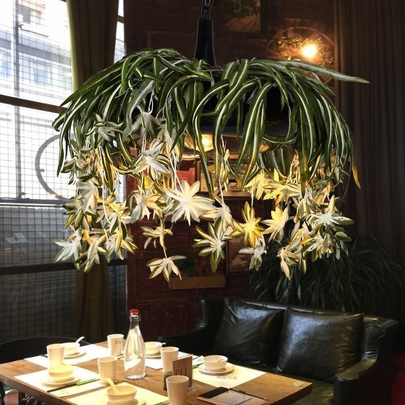 Luminária pendente estilo industrial, lustre decorado com plantas artificiais