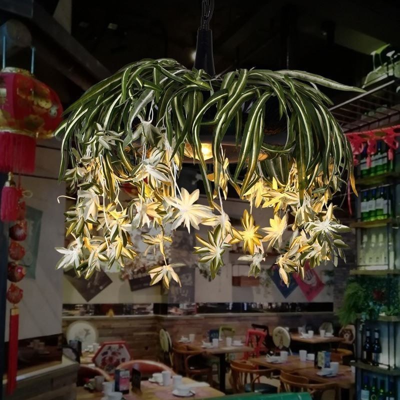Luminária pendente estilo industrial, lustre decorado com plantas artificiais