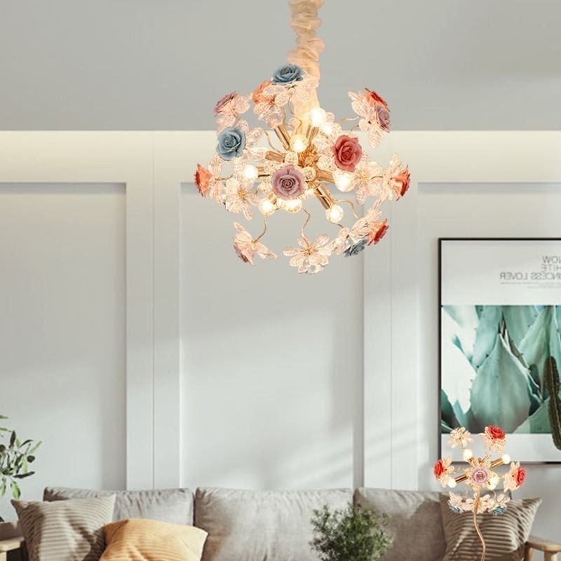 Iluminação pendente decorativa Lustre moderno de cristal com flores