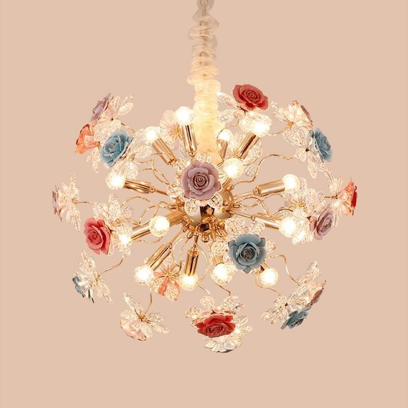Iluminação pendente decorativa Lustre moderno de cristal com flores