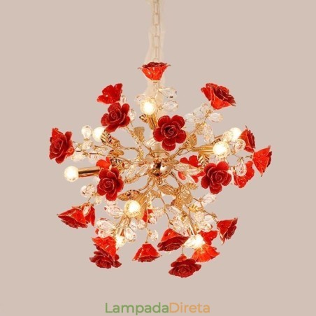 Lustre de cerâmica com pingente de luxo e flor vermelha Lustre de cerâmica com pingente de luxo e flor vermelha