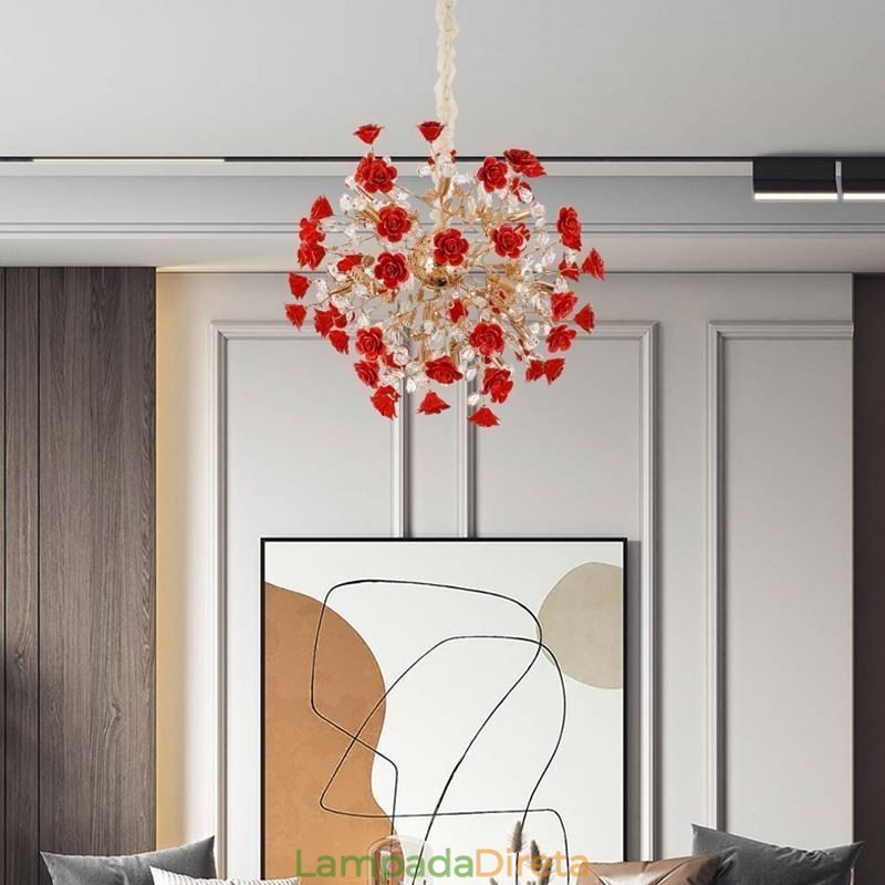 Lustre de cerâmica com pingente de luxo e flor vermelha