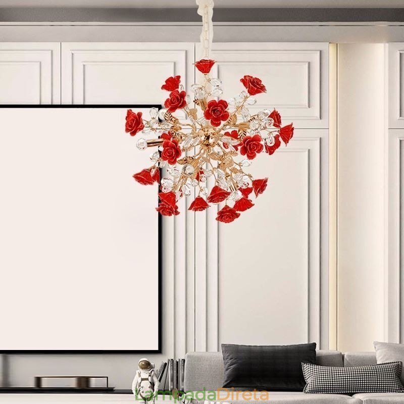 Lustre de cerâmica com pingente de luxo e flor vermelha