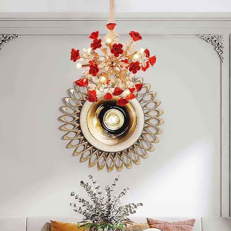 Lustre de cerâmica com pingente de luxo e flor vermelha
