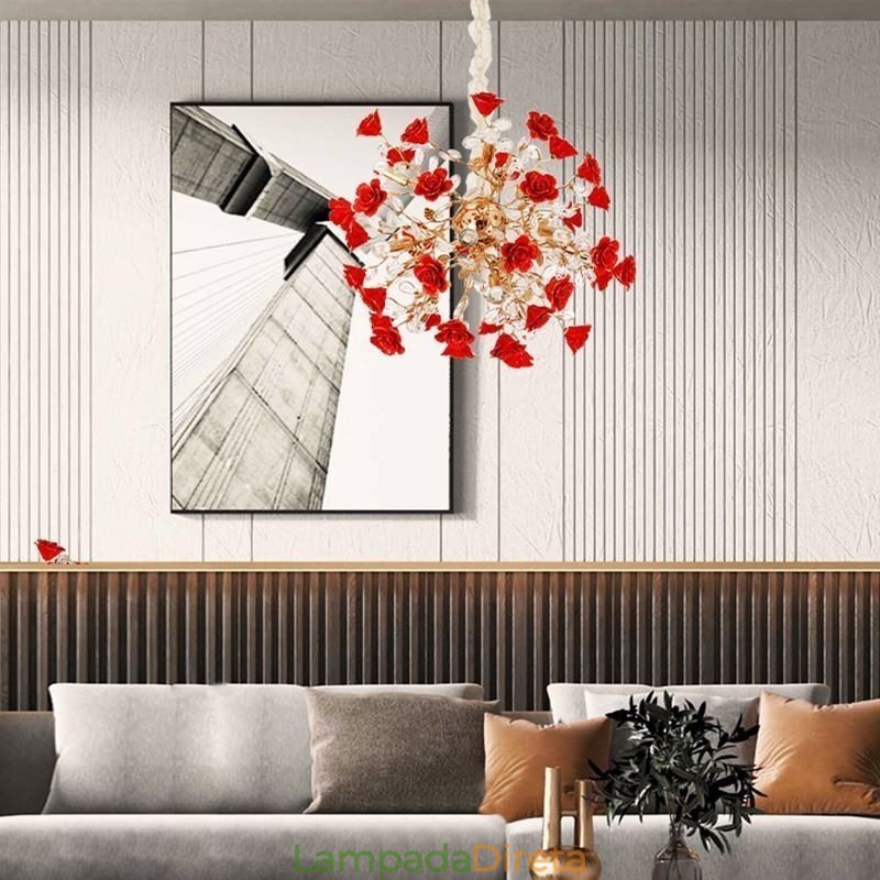 Lustre de cerâmica com pingente de luxo e flor vermelha