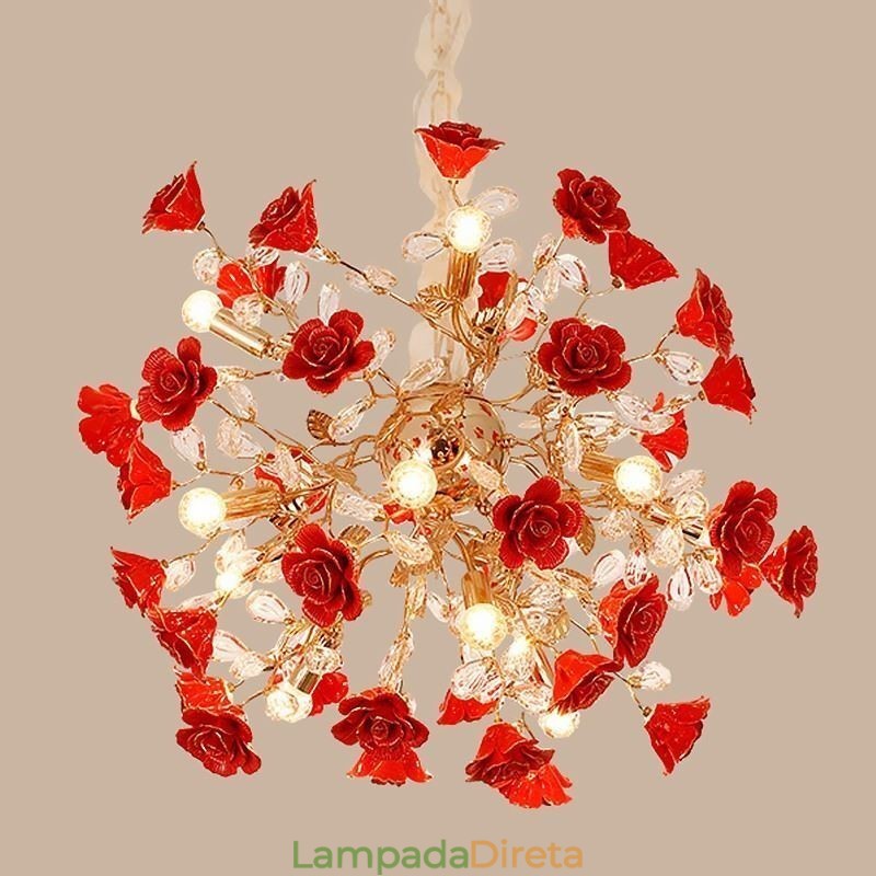 Lustre de cerâmica com pingente de luxo e flor vermelha