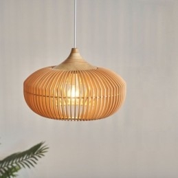 Lustre pendente com moldura de madeira em formato de abóbora
