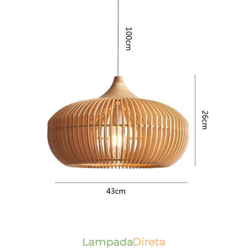 Lustre pendente com moldura de madeira em formato de abóbora