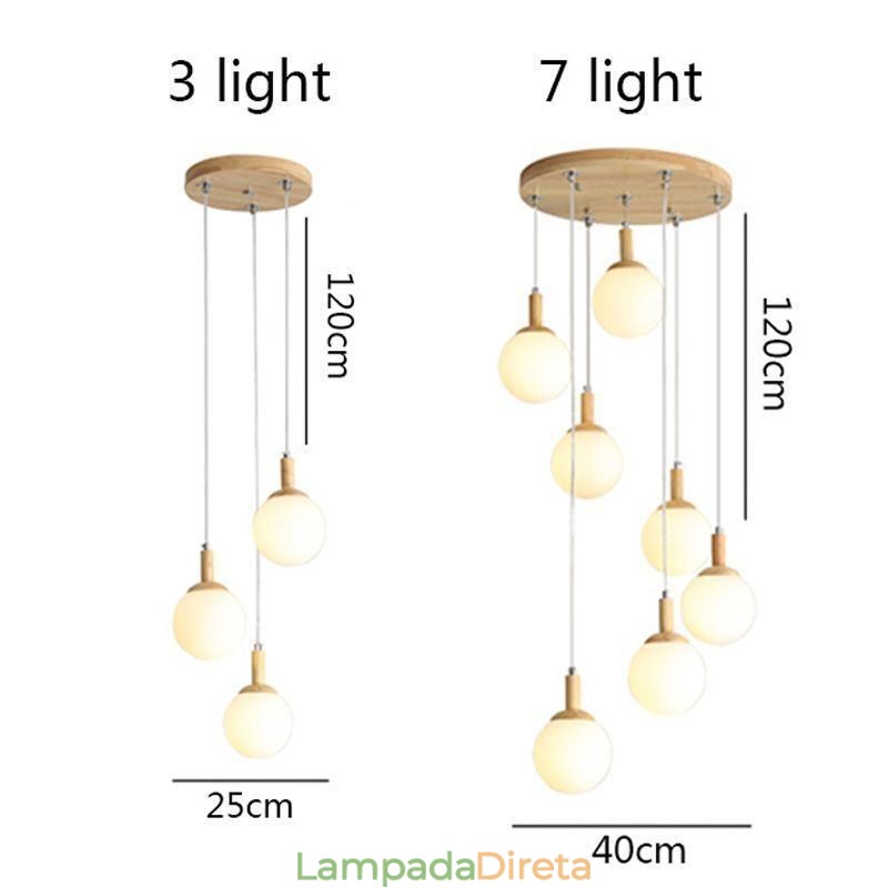 Luminária pendente japonesa de madeira, luminária nórdica de vidro