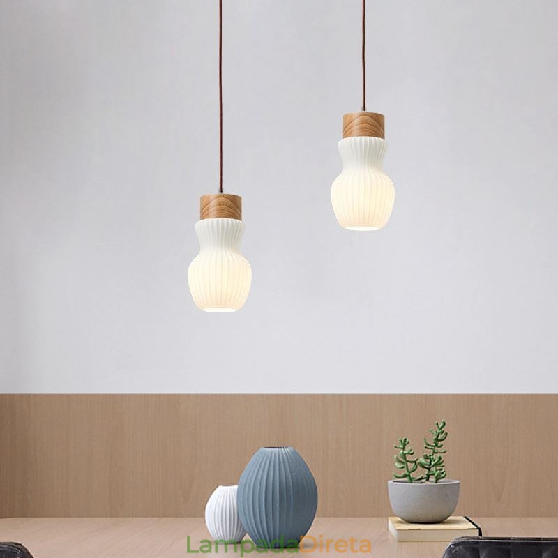 Luminária pendente de madeira japonesa, chaleira de vidro, luminária suspensa