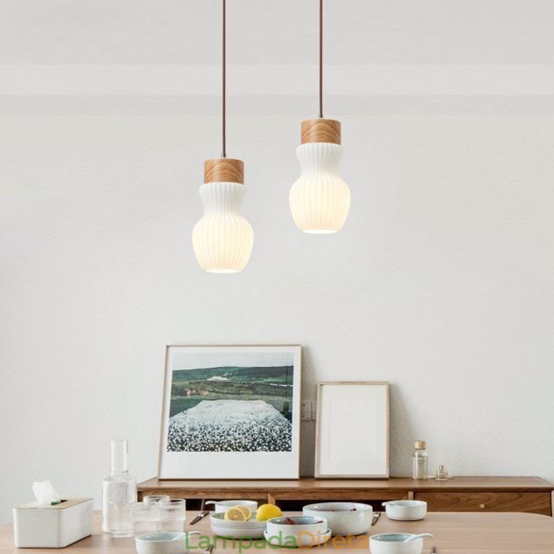 Luminária pendente de madeira japonesa, chaleira de vidro, luminária suspensa