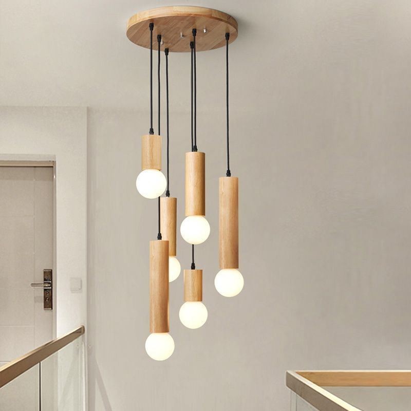 Luminária pendente de madeira japonesa 6 luzes luz suspensa