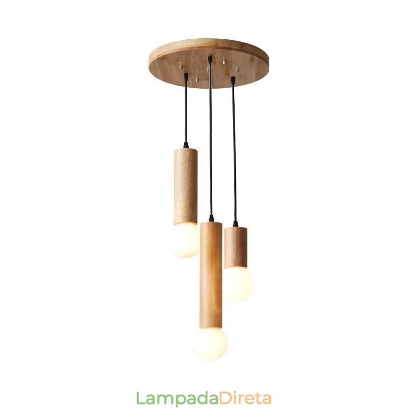 Luminária pendente de madeira japonesa 3 luzes luz suspensa