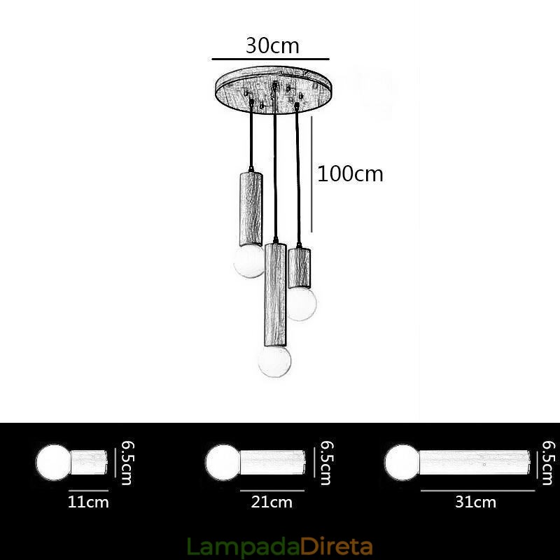 Luminária pendente de madeira japonesa 3 luzes luz suspensa