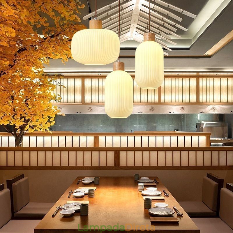 Luminária pendente de madeira japonesa, lanterna de vidro, luz suspensa