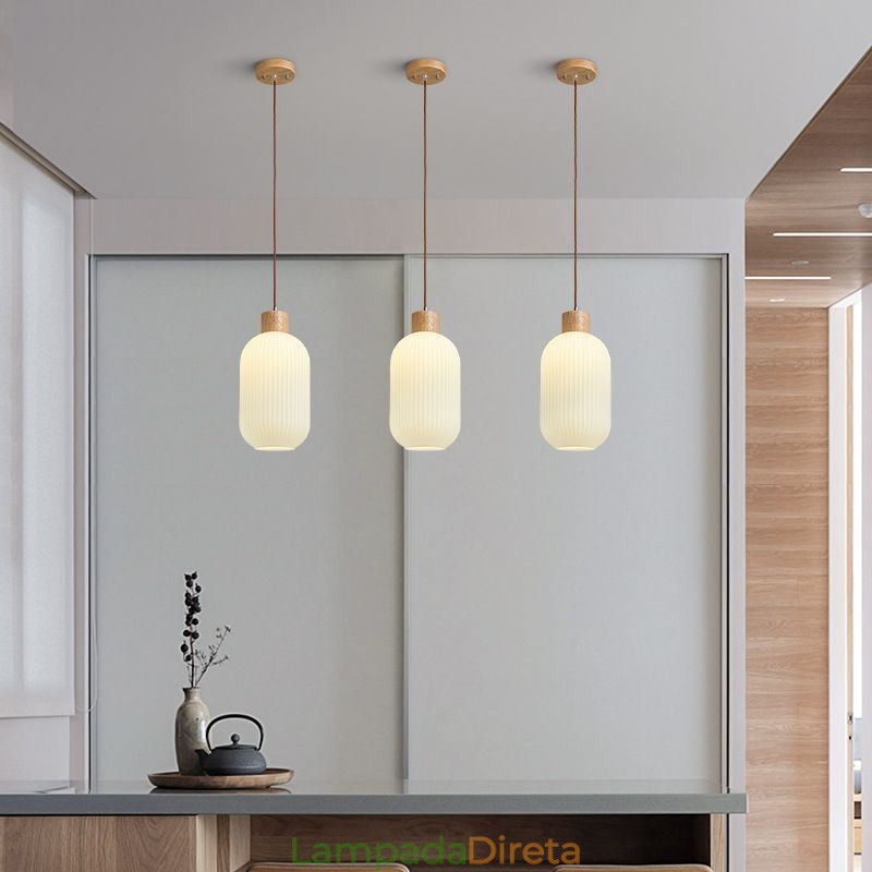 Luminária pendente de madeira japonesa, lanterna de vidro, luz suspensa