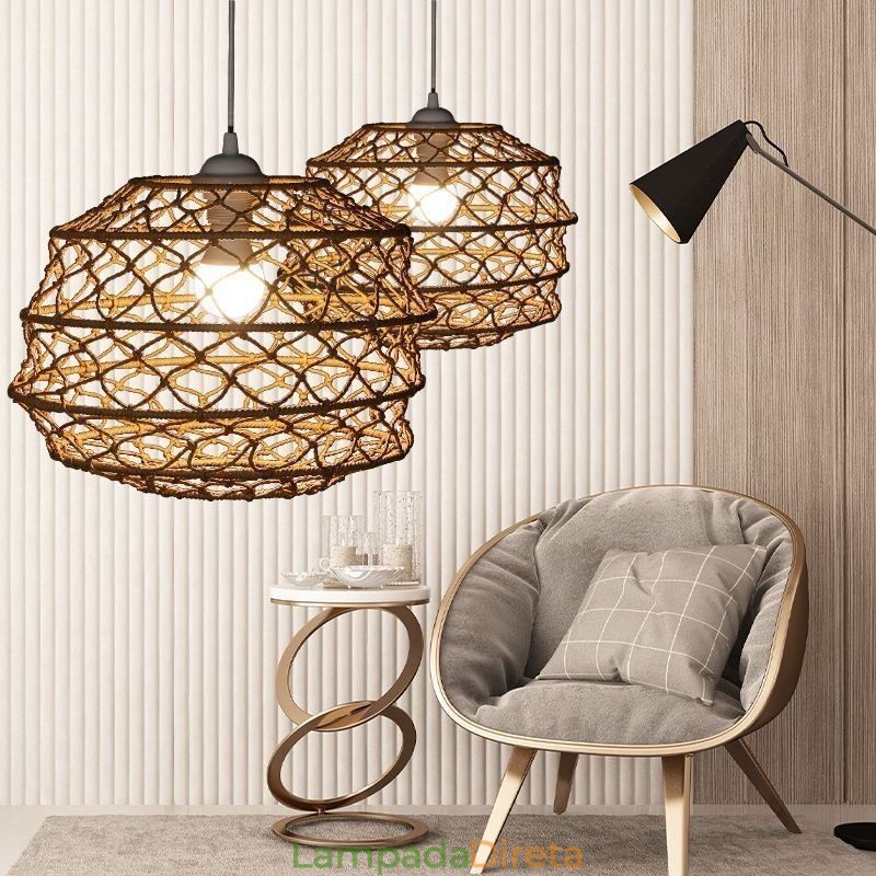 Moderna Pastoral Pendant Light Criativa Rattan Hanging Light Com Abajur Dobrável