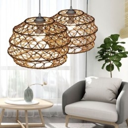 Moderna Pastoral Pendant Light Criativa Rattan Hanging Light Com Abajur Dobrável