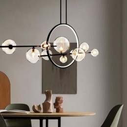 Lustre de metal moderno com bolhas de vidro transparente e lâmpadas pendentes