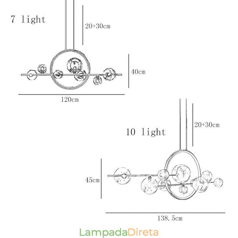Lustre de metal moderno com bolhas de vidro transparente e lâmpadas pendentes