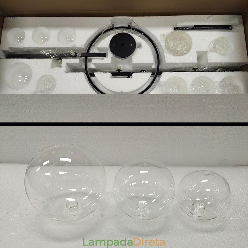 Lustre de metal moderno com bolhas de vidro transparente e lâmpadas pendentes