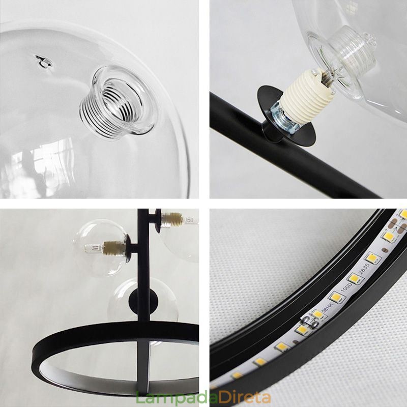 Lustre de metal moderno com bolhas de vidro transparente e lâmpadas pendentes