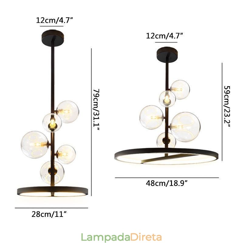 Luminária pendente moderna com lustre de vidro bolha