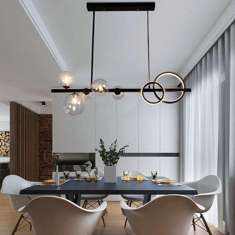Moderno Vidro Bolha Pendente Luz Preto Longo Suporte Lâmpadas