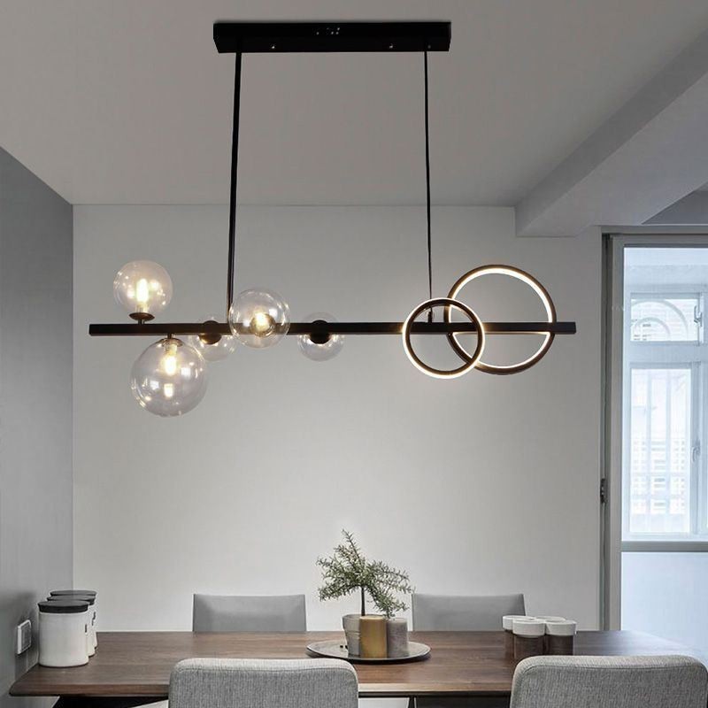 Moderno Vidro Bolha Pendente Luz Preto Longo Suporte Lâmpadas