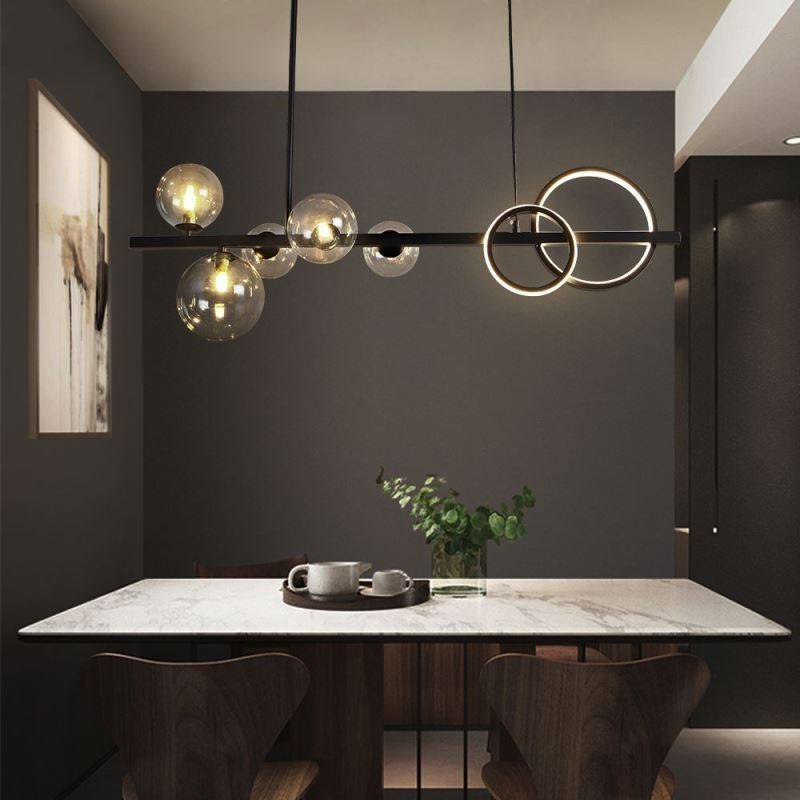 Moderno Vidro Bolha Pendente Luz Preto Longo Suporte Lâmpadas