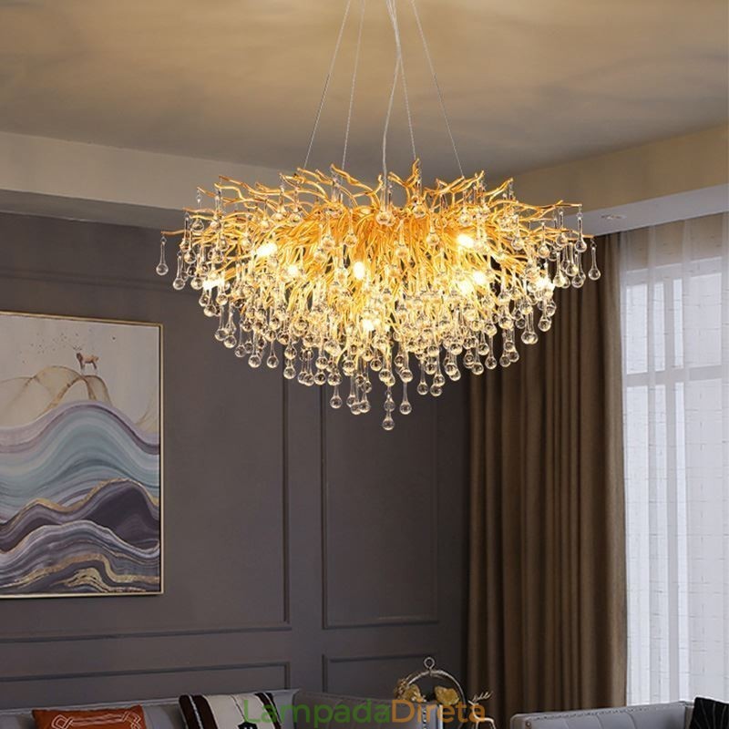 Lustre de cristal nórdico flor redonda abajur luxo dourado pingente luz