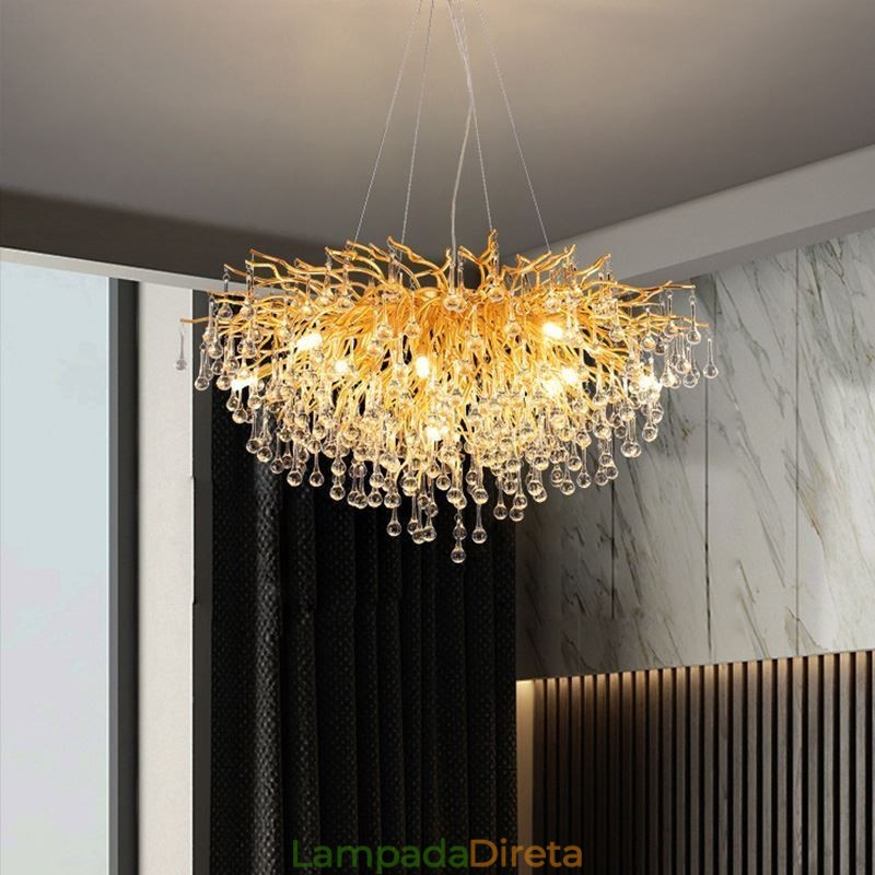 Lustre de cristal nórdico flor redonda abajur luxo dourado pingente luz