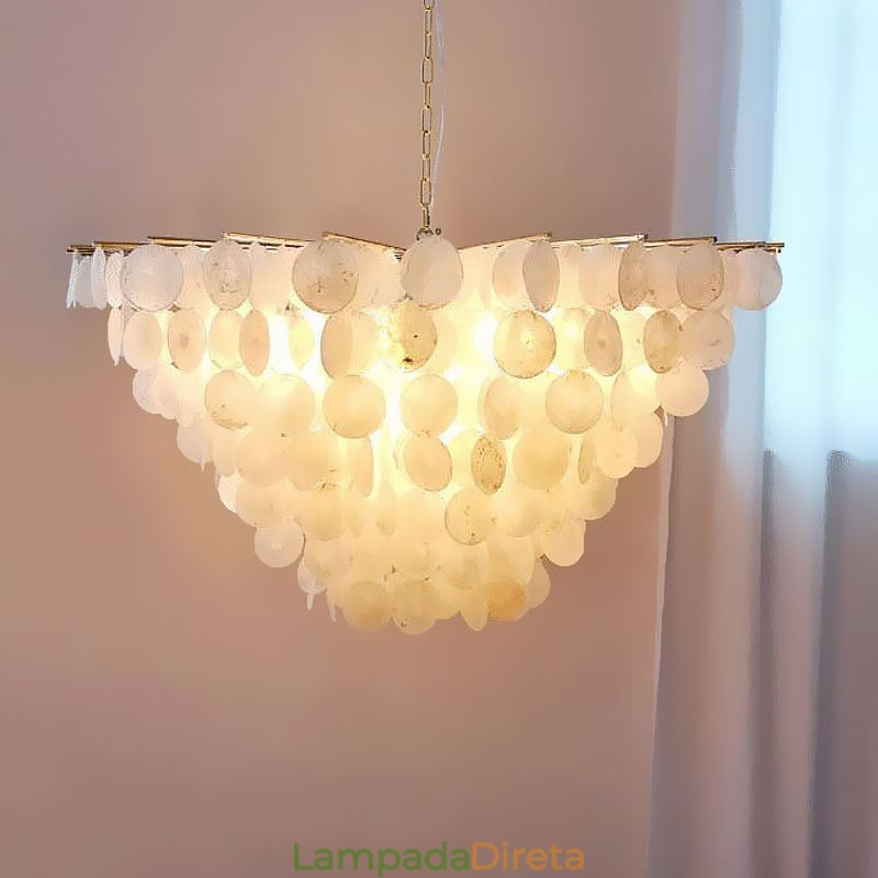Lustre de concha natural redondo em camadas luz suspensa jantar