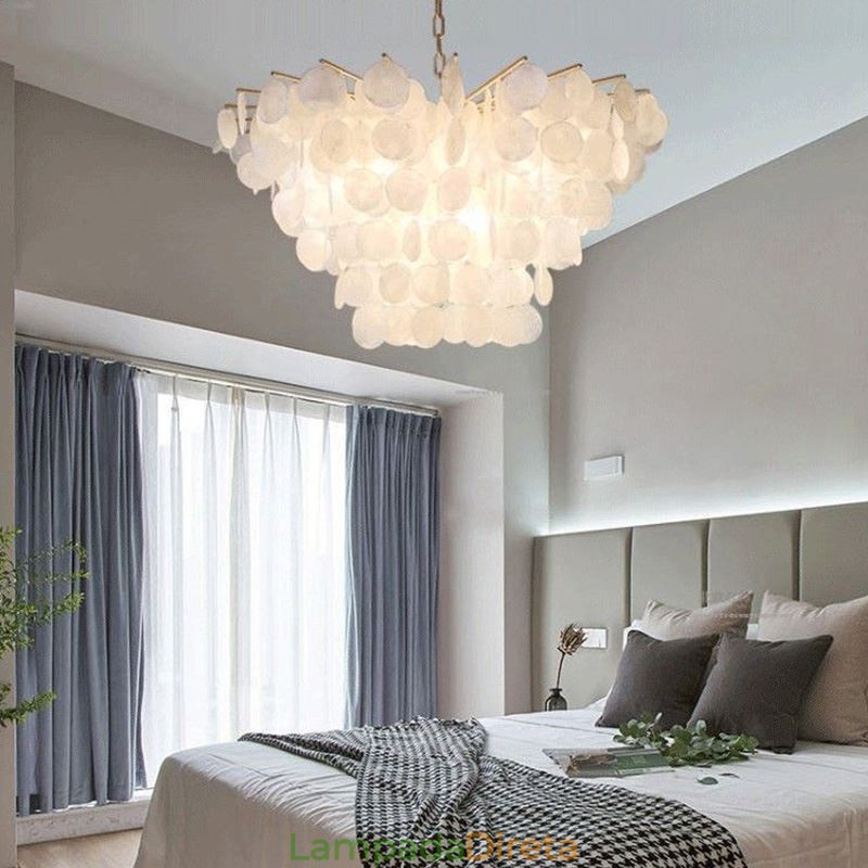 Lustre de concha natural redondo em camadas luz suspensa jantar