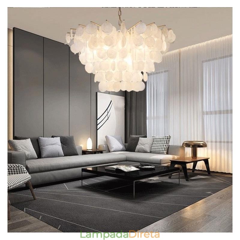 Lustre de concha natural redondo em camadas luz suspensa jantar