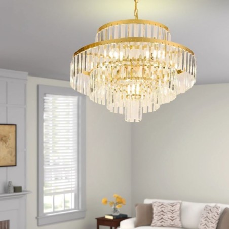 Luminária pendente de cristal dourado 4 níveis iluminação de teto 7 luzes Luminária pendente de cristal dourado 4 níveis iluminação de teto 7 luzes