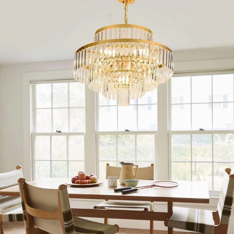Luminária pendente de cristal dourado 4 níveis iluminação de teto 7 luzes